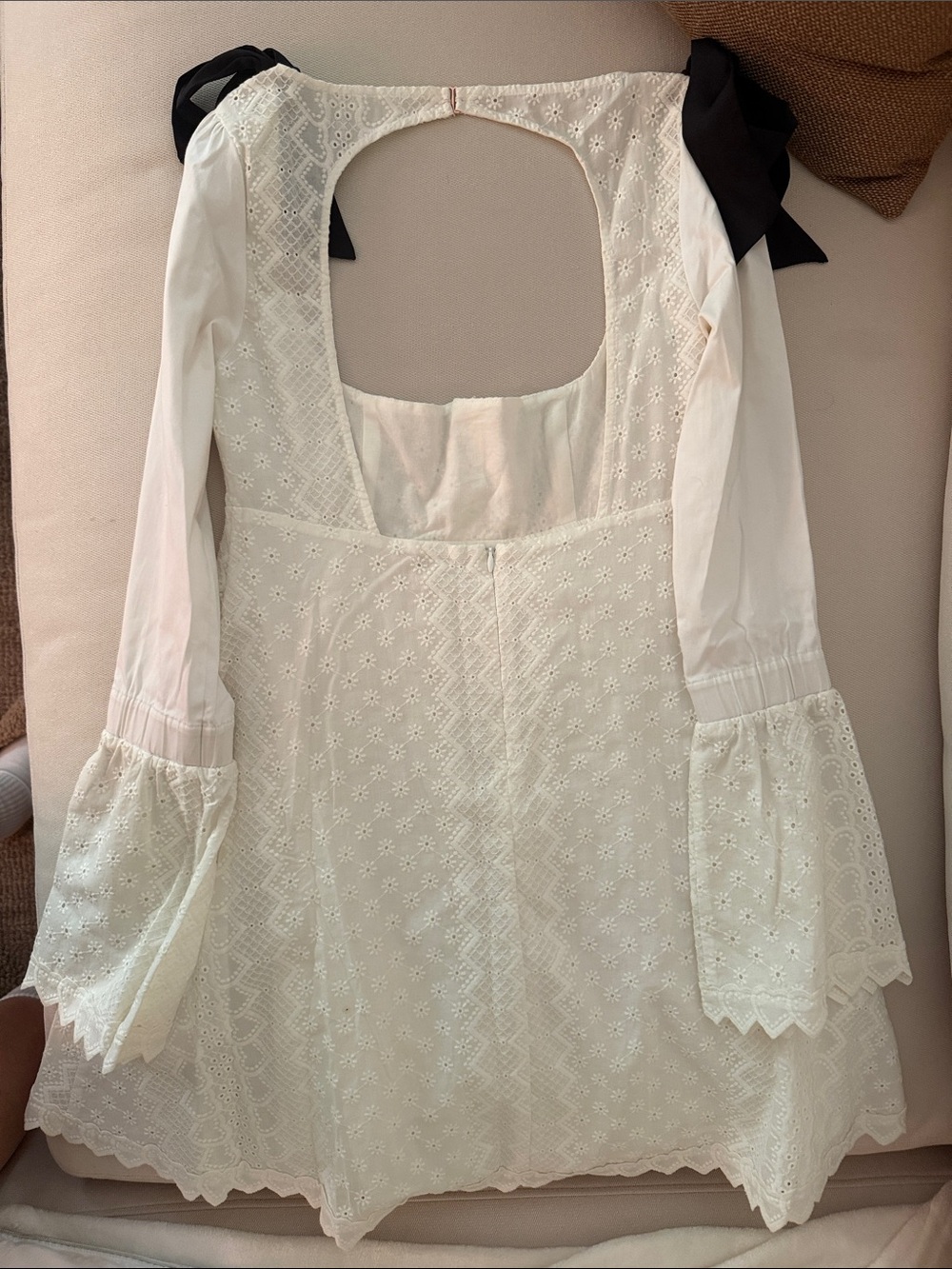 For Love and Lemons White Eyelet Babydoll Dress with Black Shoulder Bows - Picture 3 of 4